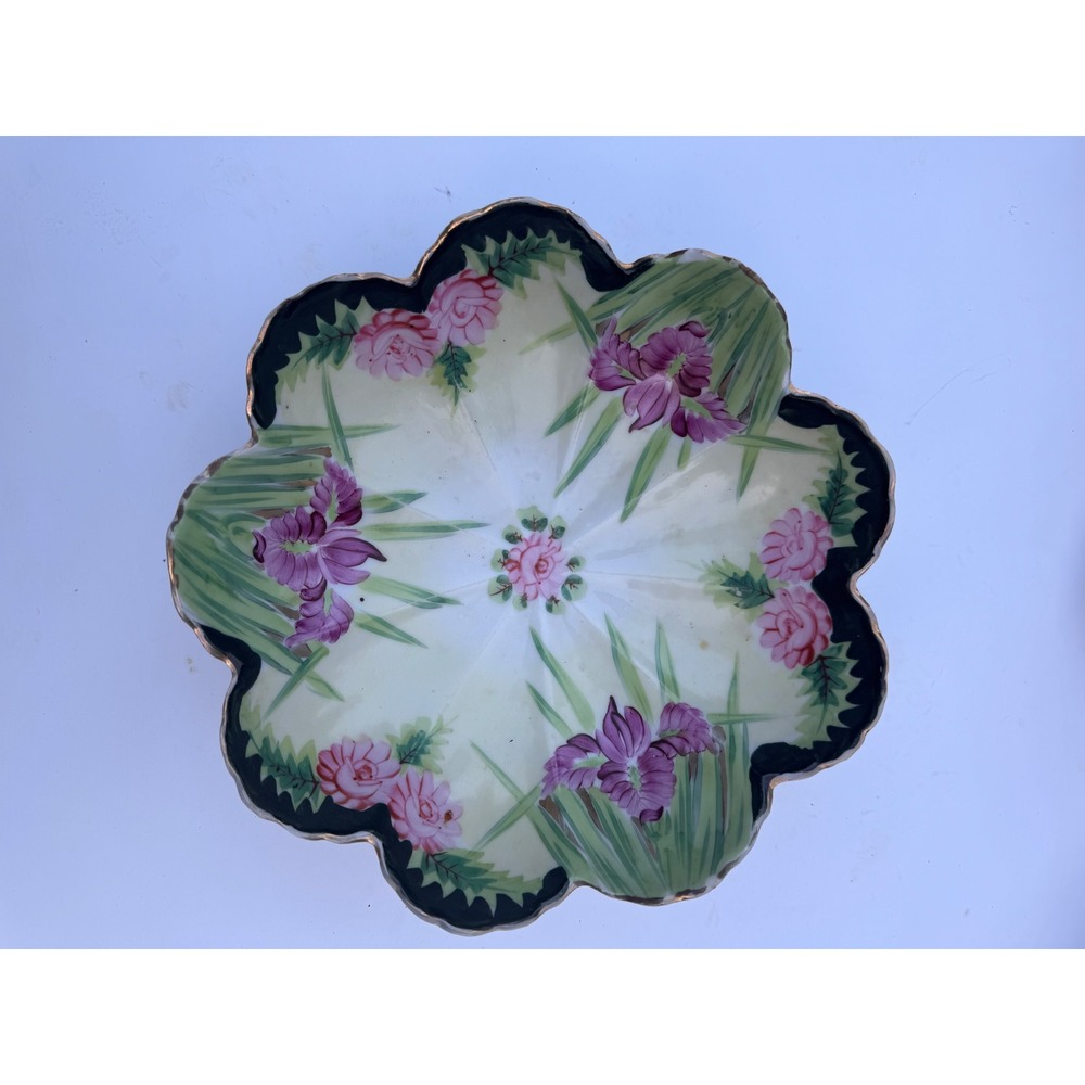 Antique Hand Painted Porcelain Scalloped Floral Bowl Iris Rose Gold Trim